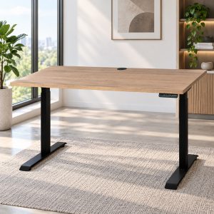 HiLo 300 height adjustable standing desk with timber top and black frame