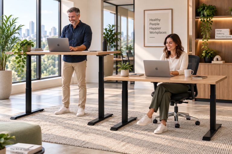 HiLo 300 height adjustable standing desk with timber top and black frame
