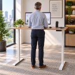 HiLo 300 height adjustable standing desk with timber top and white frame