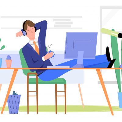 2CB92RE Man businessman has break and relaxes at workplace in office flat vector illustration concept. Boss on chair enjoy listening music in headphones, drinking tea, coffee, legs on desk